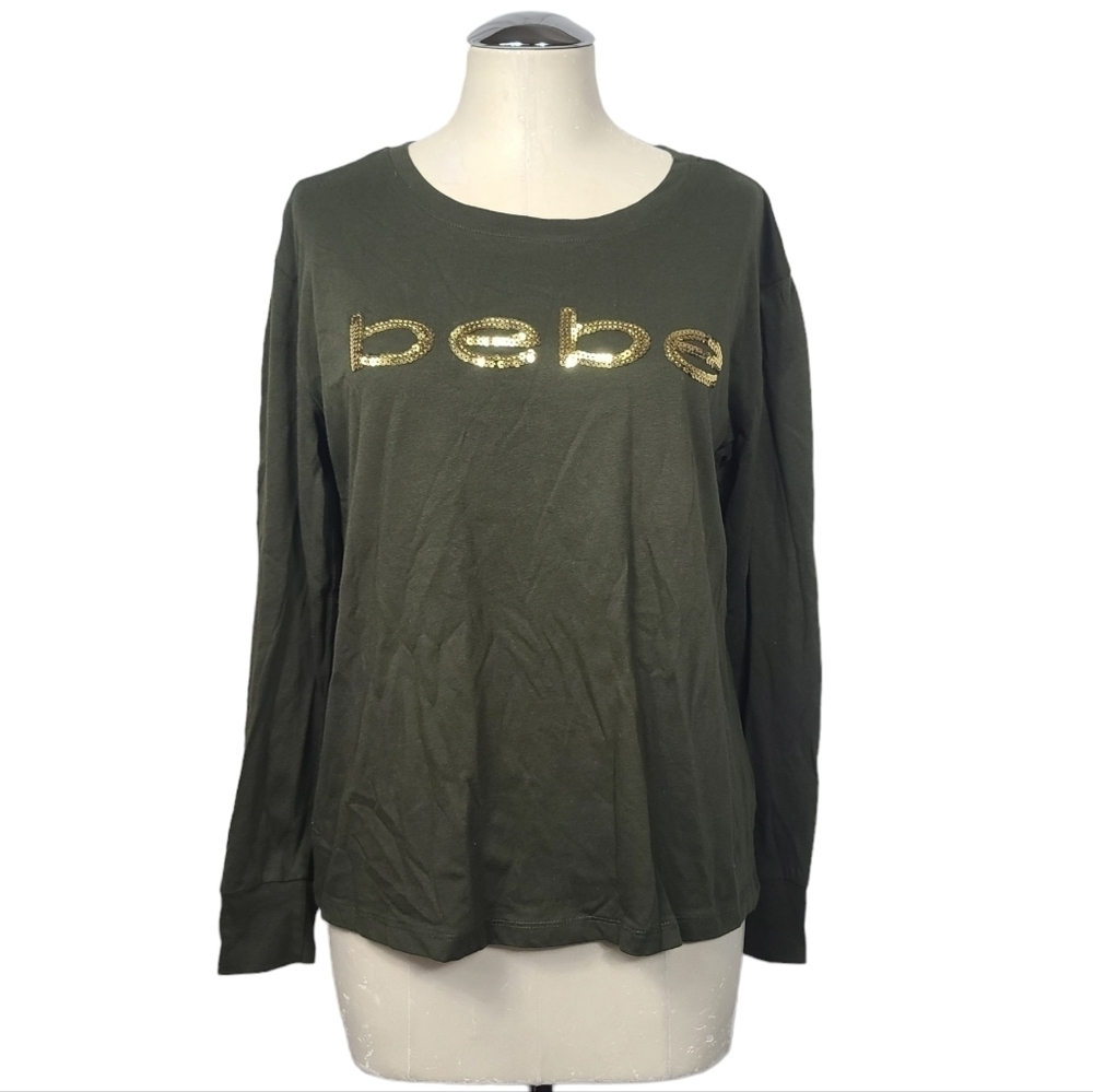 Bebe Green Gold Sequin Long Sleeve Shirt M